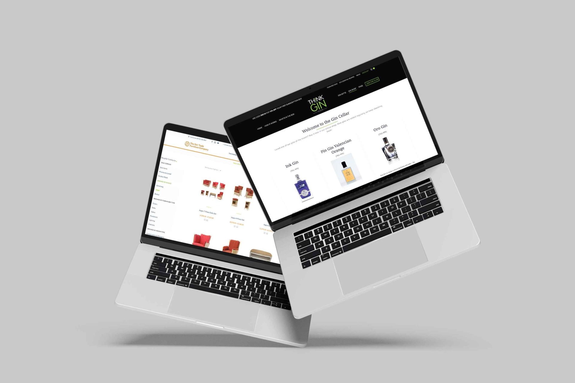 Ecommerce website mock up of think gin and fair trade furniture